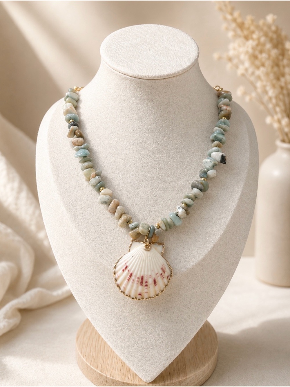 Handmade Shell Pendant with Natural Stone Chipped Amazonite Beaded Necklace